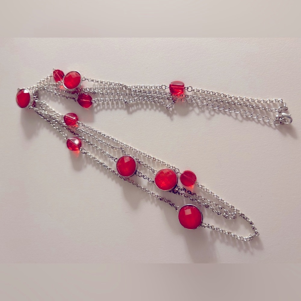 free💰add 1 to bundle Necklace red faceted acrylic stones silver long chain